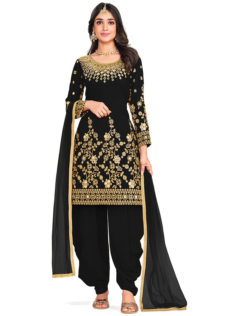 Buy Punjabi Suit Black Mirror Work Embroidery Salwar Kameez