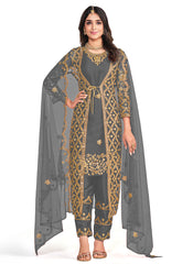 Grey Mirror Work Embroidery Jacket Style Pant Suit