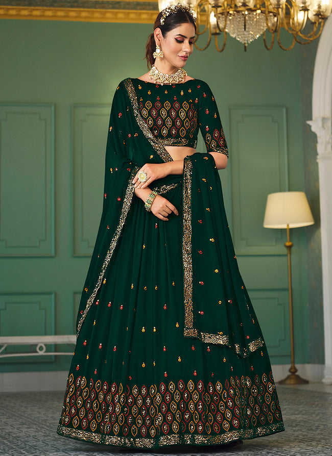 Dark Green Golden Designer Wedding Lehenga Choli