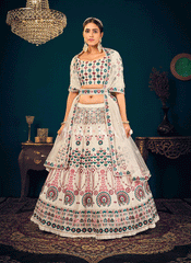 Off white Mirrorwork Embroidered Wedding Lehenga Choli