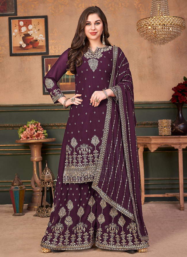 Deep Purple Embroidered Festive Wear Palazzo Suit