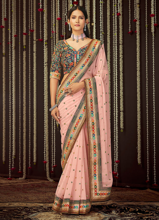 Baby Pink Multi Embroidered Designer Georgette Saree