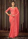 Deep Peach Embroidered Organza Silk Saree