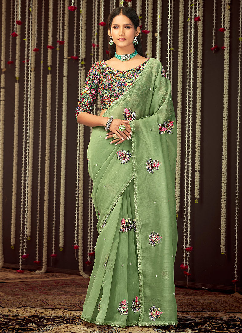 Pale Green Multi Embroidered Organza Silk Saree