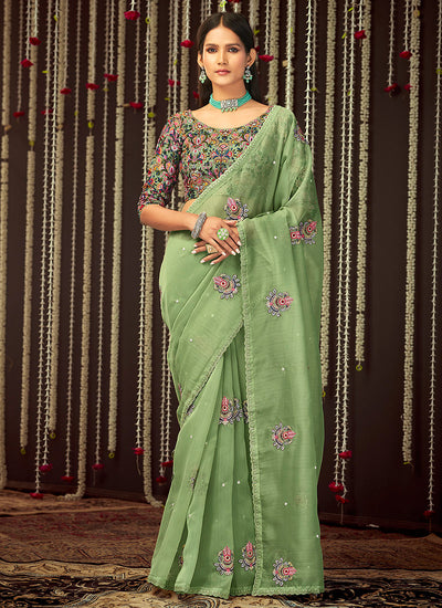Pale Green Multi Embroidered Organza Silk Saree