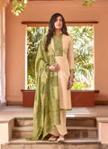 Beige And Green Embroidered Pant Style Salwar Suit