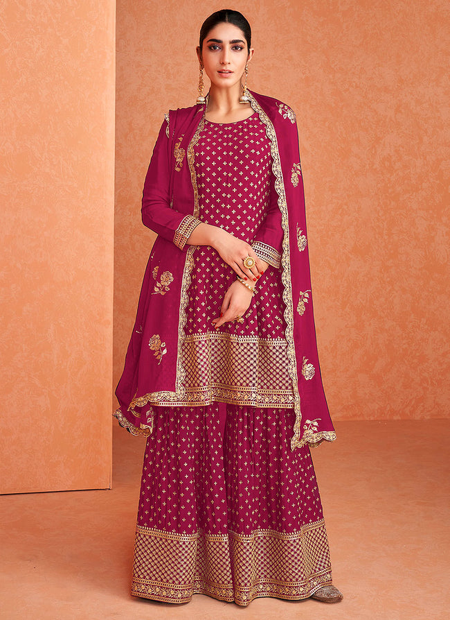 Hot Pink Embroidered Designer Sharara Suit