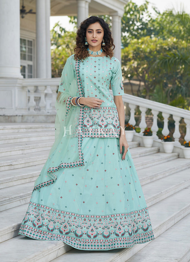 Buy Lehenga Kurti Sky Blue Multi Embroidered Wedding Lehenga Kurti