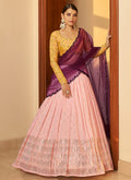 Pink And Yellow Mukaish Work Embroidered Lehenga Choli