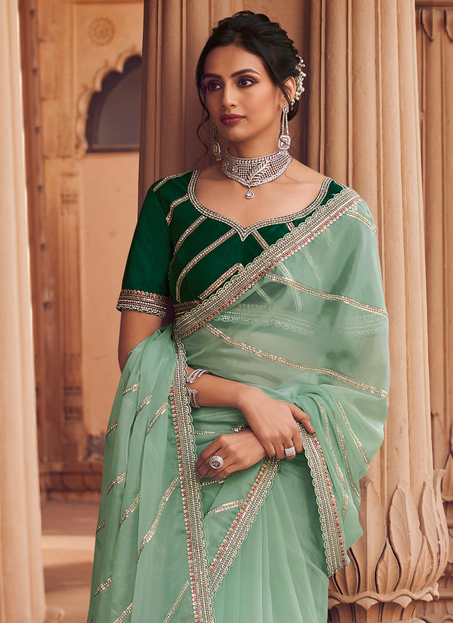 Buy Green Raw Silk Embroidered Zari Keyhole Kusum Saree And Blouse Set For  Women by Studio Bagechaa Online at Aza Fashions.
