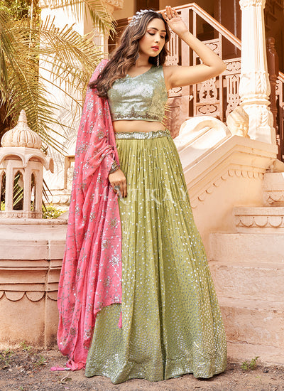 Pale Green And Pink Sequence Embroidery Festive Lehenga Choli