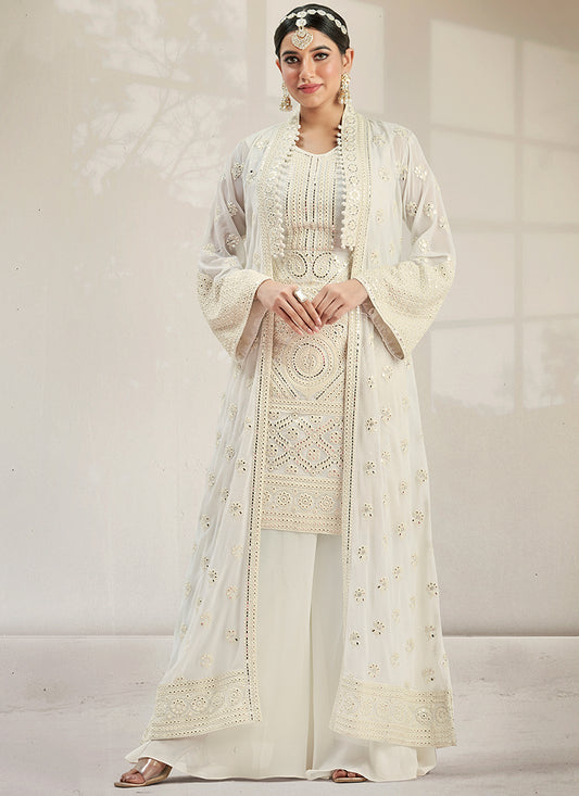 Cream White Mirror Work Embroidery Jacket Style Palazzo Suit