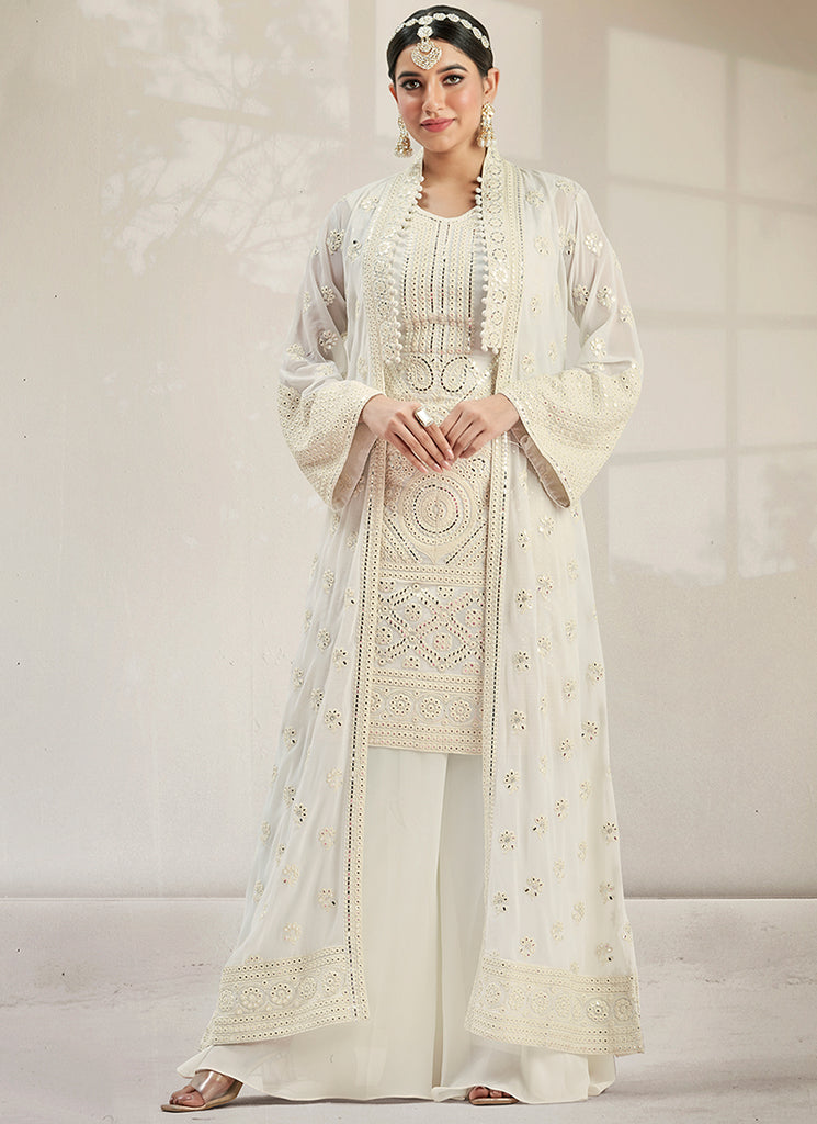 Cream White Mirror Work Embroidery Jacket Style Palazzo Suit