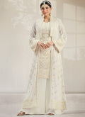 Cream White Mirror Work Embroidery Jacket Style Palazzo Suit