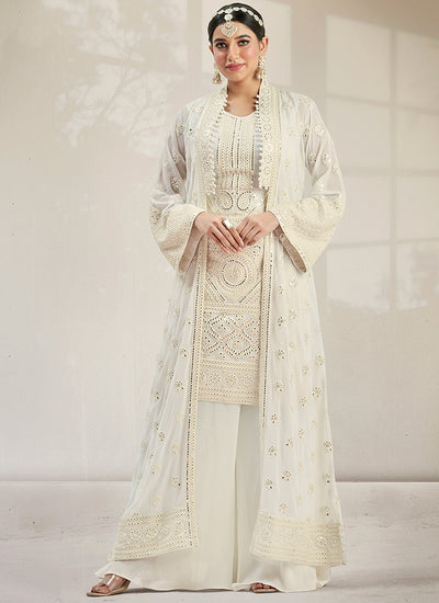 Cream White Mirror Work Embroidery Jacket Style Palazzo Suit