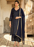 Dark Blue Sequence And Zari Embroidery Pant Style Suit
