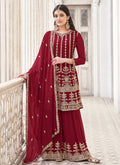 Ruby Red Embroidered Designer Palazzo Suit