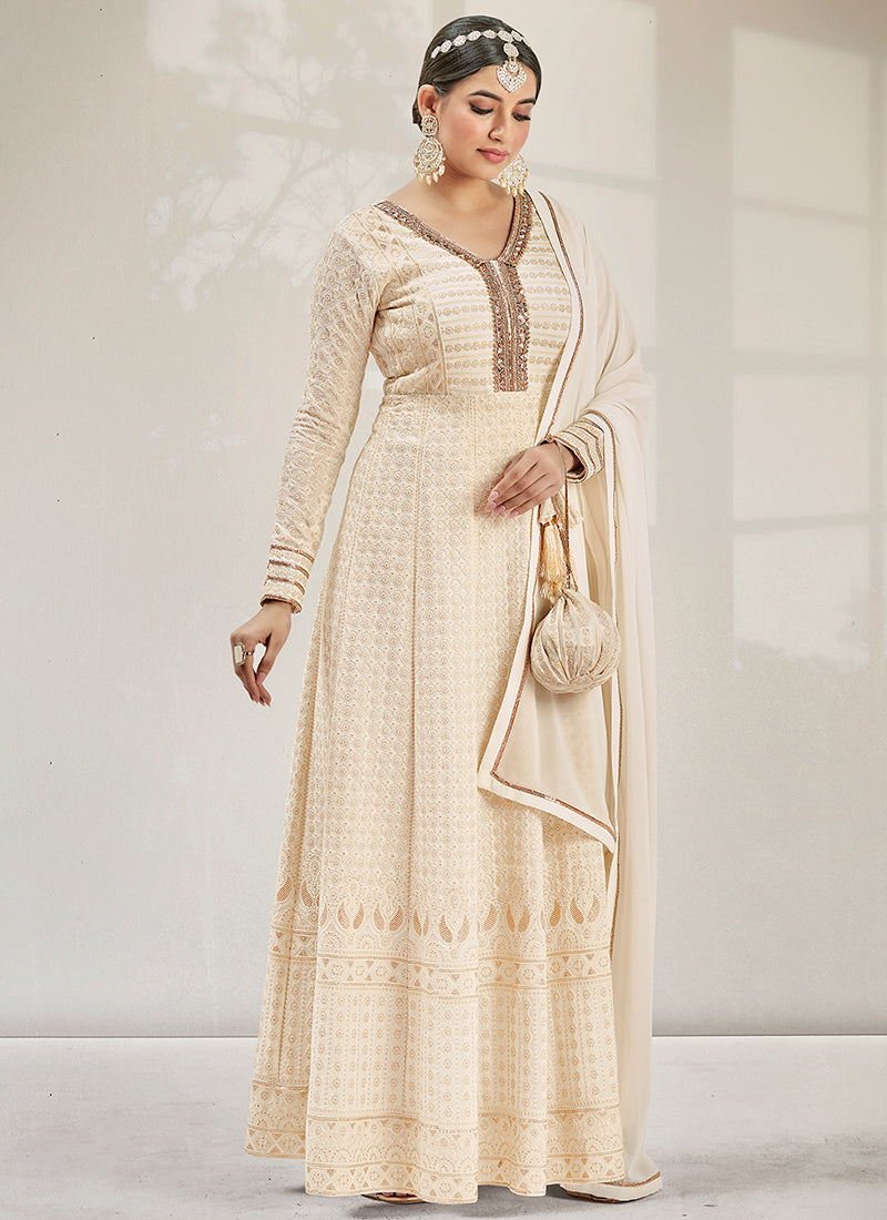 Off White Chikankari Embroidery Wedding Anarkali Gown