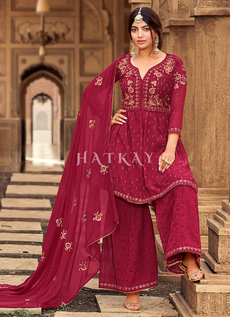 Magenta Pink Zari Embroidery Festive Gharara Suit