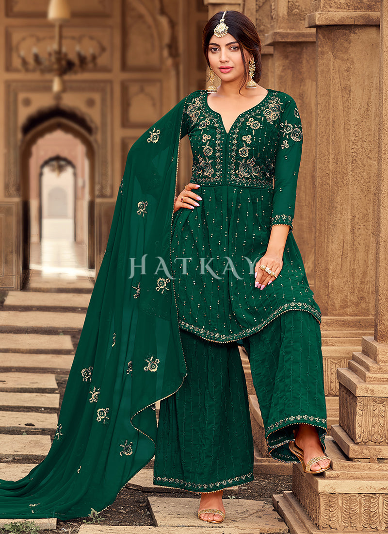 Dark Green Zari Embroidery Festive Gharara Suit