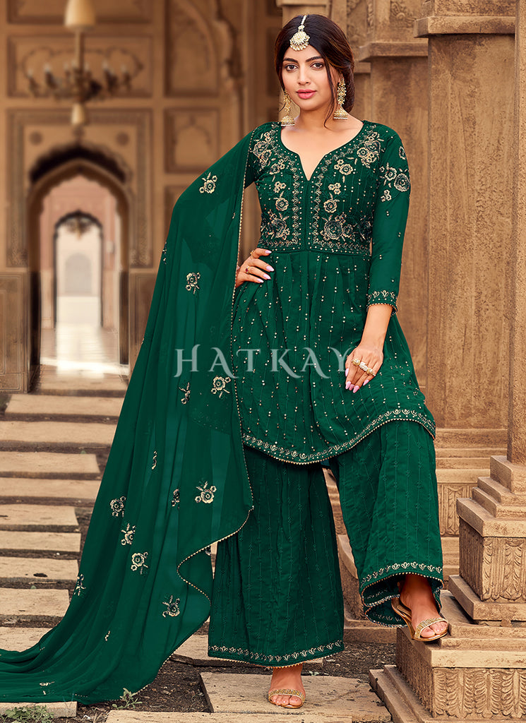 Dark Green Zari Embroidery Festive Gharara Suit