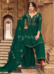 Dark Green Zari Embroidery Festive Gharara Suit