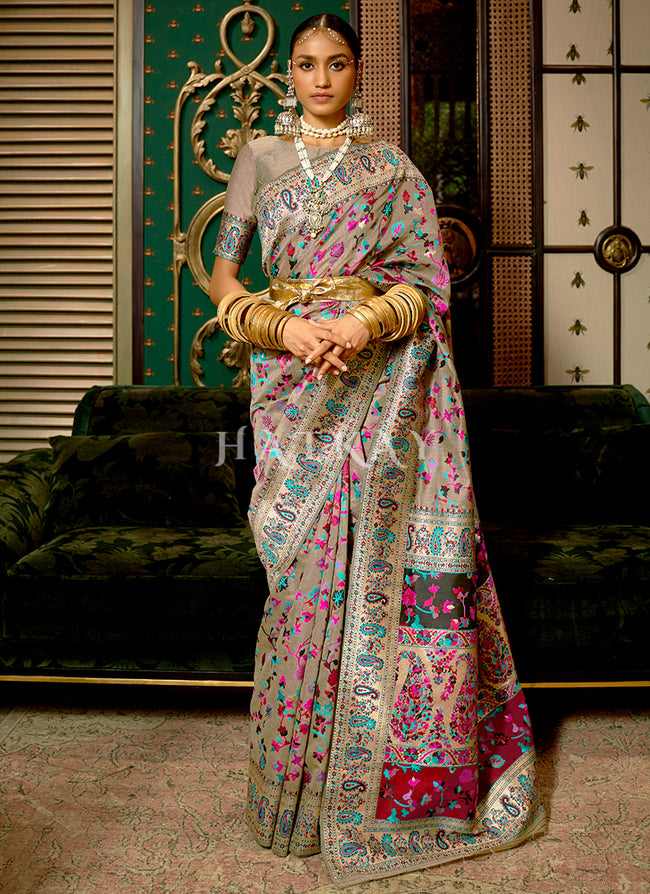 Handwoven Kashmiri Silk Saree Pink – FOURMATCHING