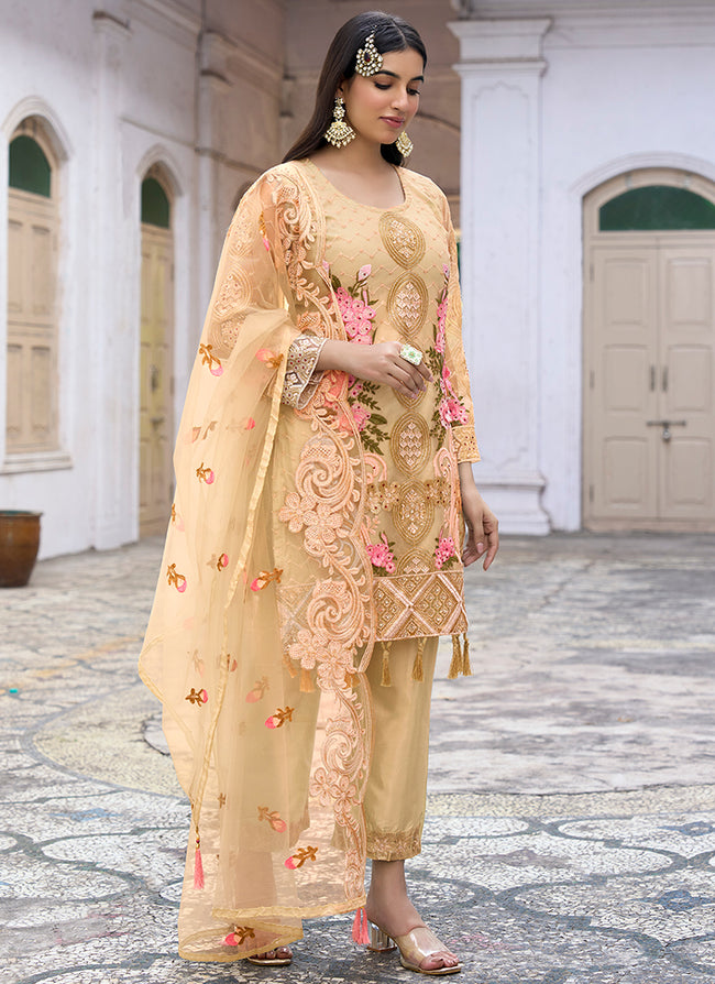 Pale Yellow Multi Embroidery Pakistani Pant Style Suit