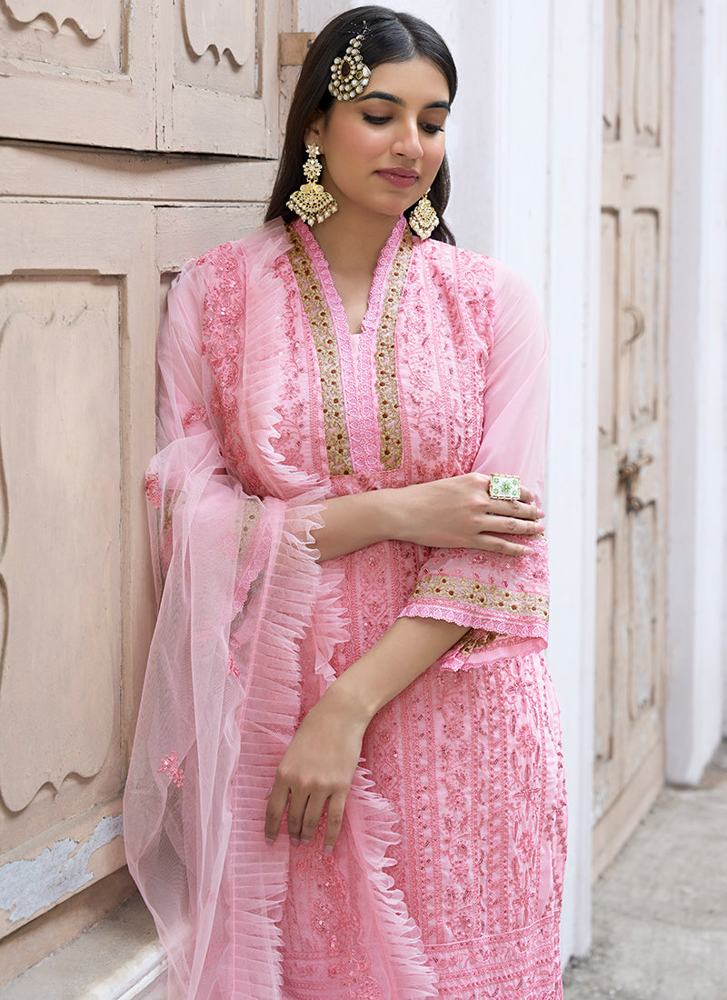 Buy Hot Pink Cotton Lucknowi Work Straight Salwar Suit Online : Australia -
