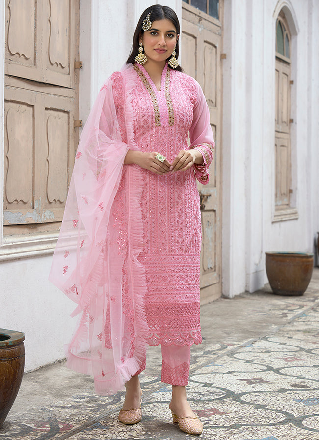 Pink Bloom Sequence Embroidery Pakistani Pant Style Suit