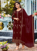 Maroon Embroidered Traditional Pant Style Suit