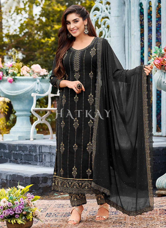 Buy Diwali Suits - Black Embroidered Traditional Pant Style Suit