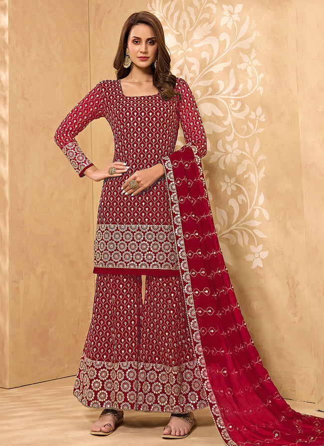 Rani Pink Mirror Embroidered Georgette Sharara Suit