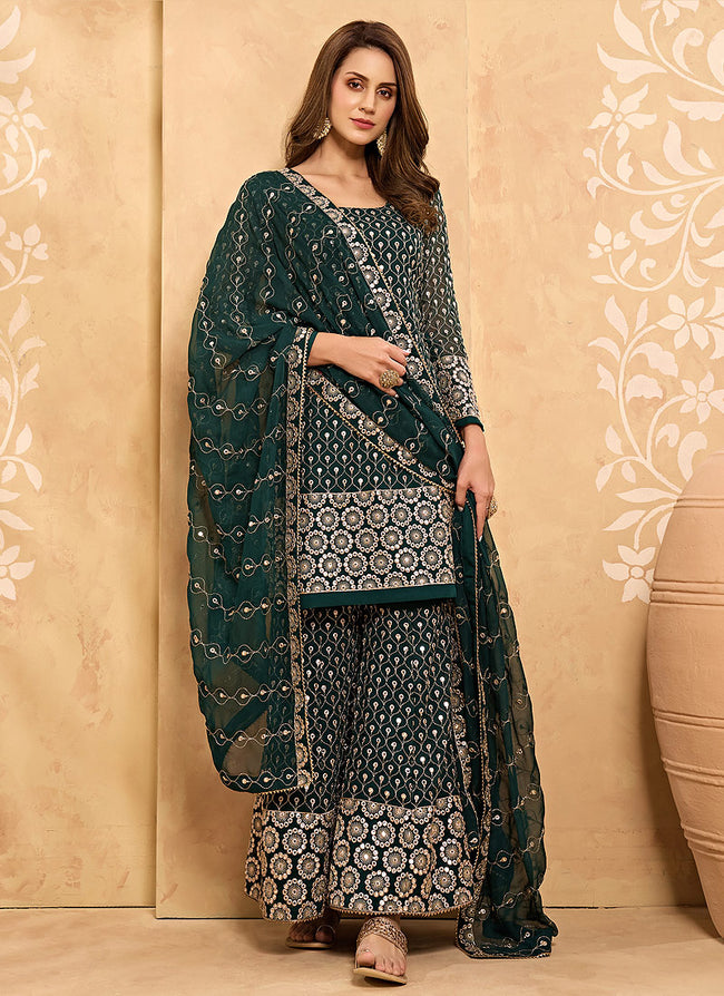 Majestic Green Mirror Embroidered Georgette Sharara Suit