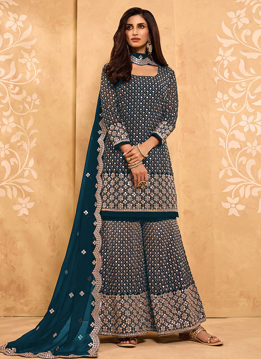 Turquoise Embroidered Georgette Sharara Suit