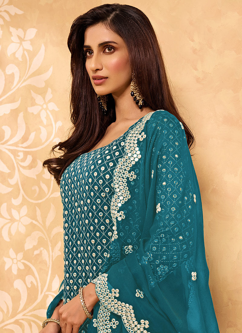 Aqua Blue Embroidered Georgette Indian Sharara Suit in USA, UK, Canada