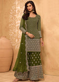 Olive Green Mirror Embroidered Georgette Sharara Suit