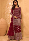 Bridal Red Mirror Embroidered Georgette Sharara Suit