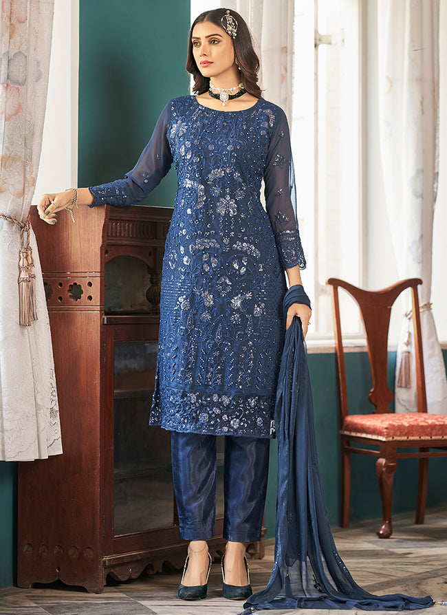 Royal Blue Sequence Embroidery Pakistani Pant Style Suit