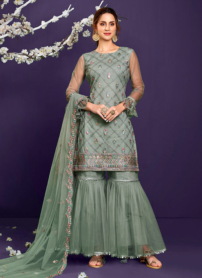 Pine Green Multi Embroidered Designer Sharara Suit