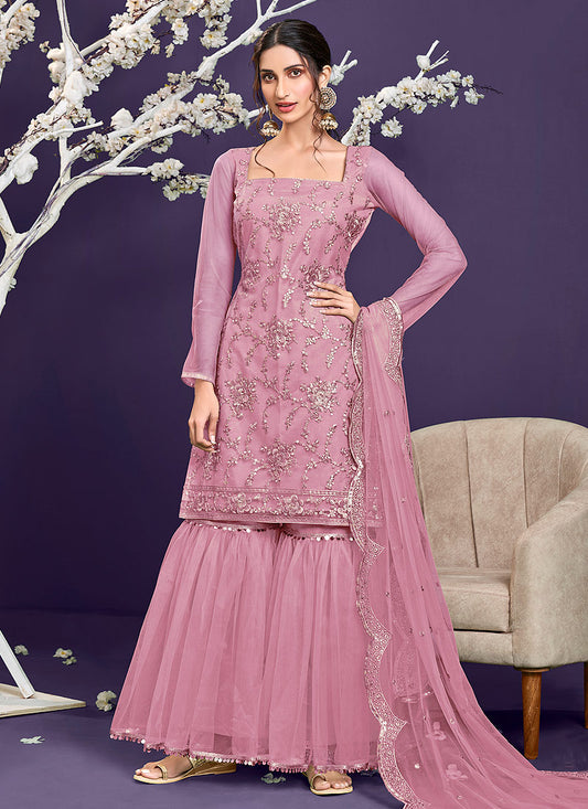  Baby Pink Zari And Badla Embroidered Sharara Suit