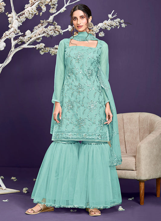 Aqua Blue Zari And Badla Embroidered Sharara Suit 