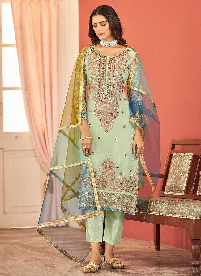 Green Multi Embroidery Pakistani Pant Style Suit
