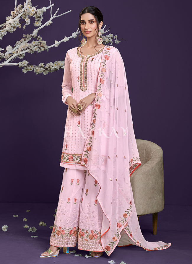 Soft Pink Multi Embroidered Designer Palazzo Suit