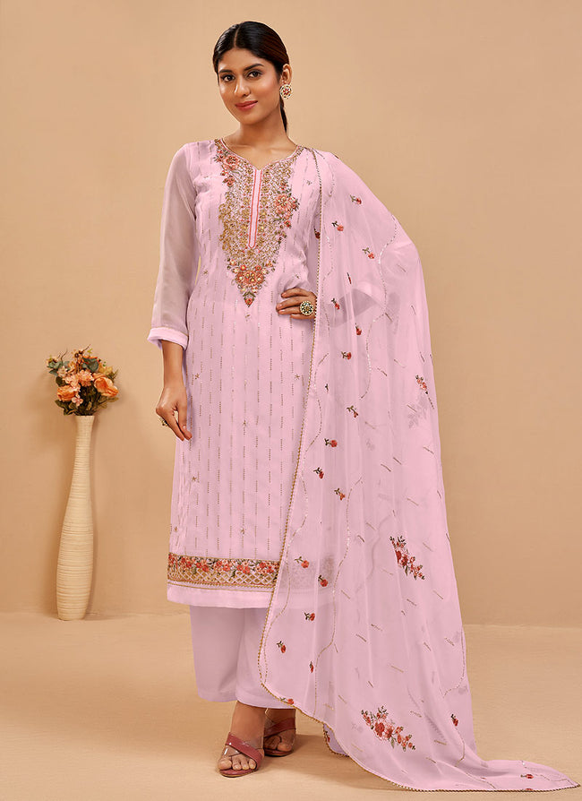 Light Pink Embroidered Pakistani Pant Suits