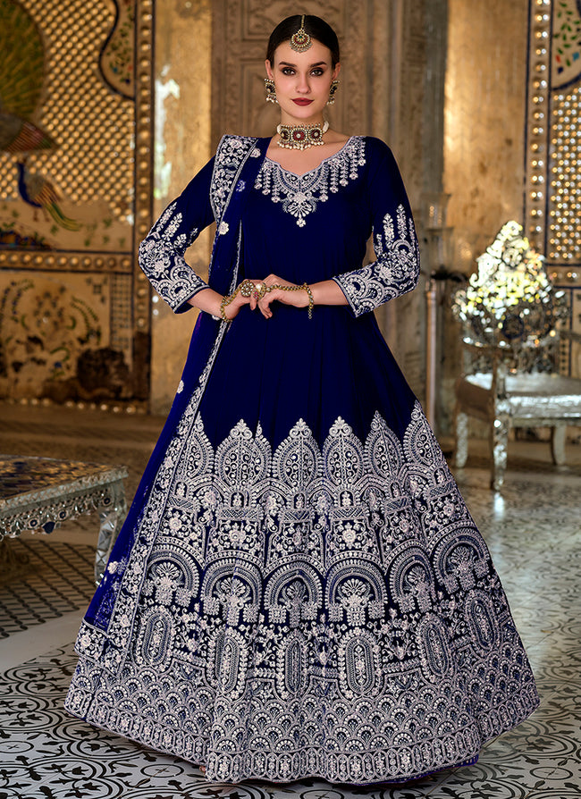 Dark Blue Zari Embroidery Wedding Anarkali Gown