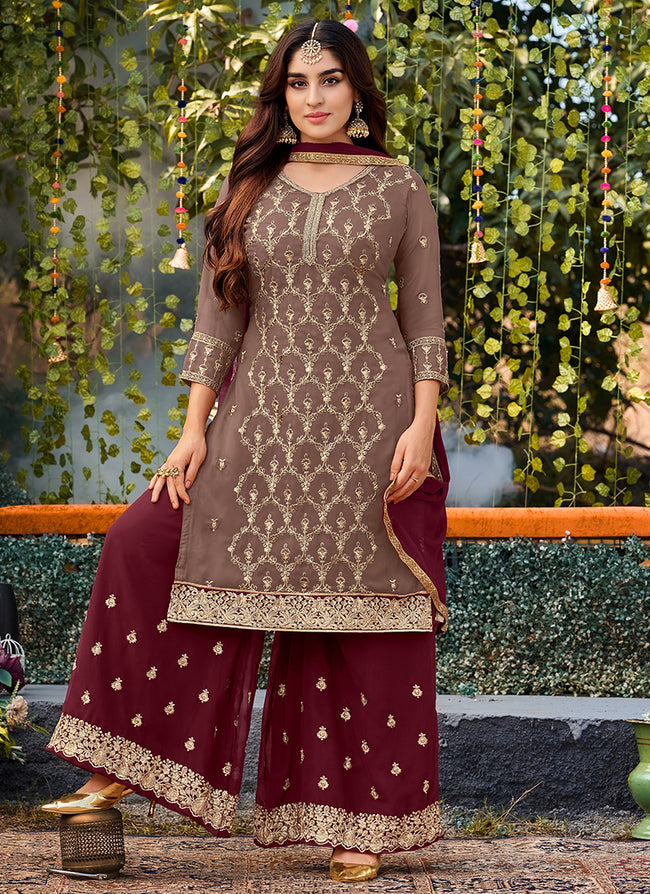 Function Wear Georgette Fabric Palazzo Suit In Appealing Maroon Color