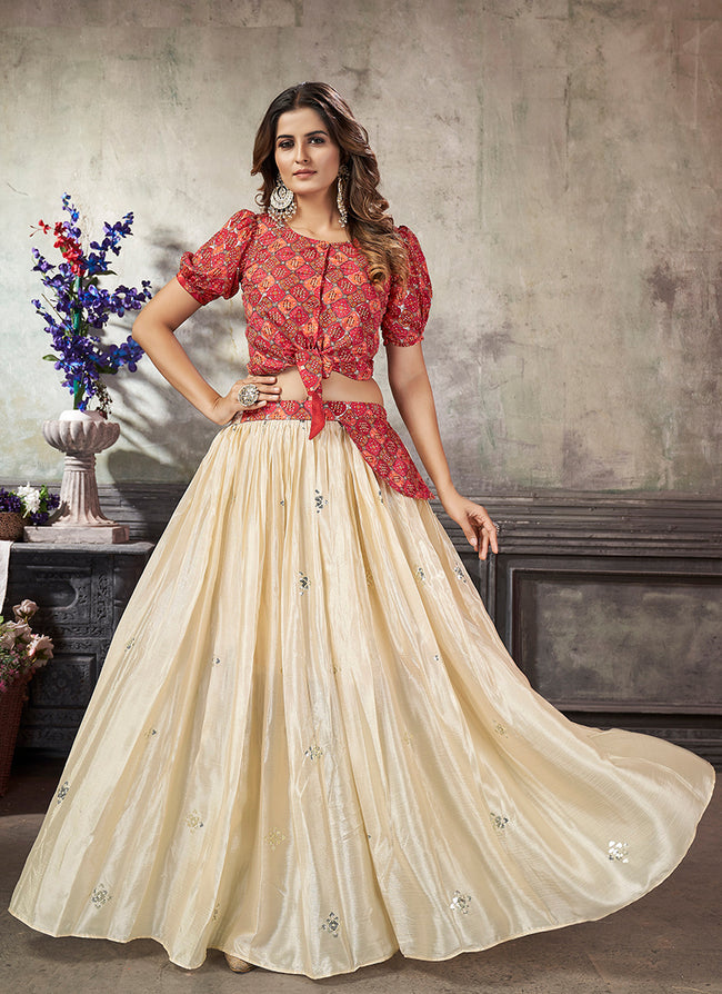 Embroidered Cream Crop Top N Beige Palazzo Suit Party Wear