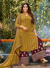 Yellow And Maroon Designer Embroidery Festive Palazzo Suit