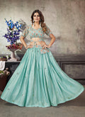 Teal Blue Sequence Embroidery Traditional Flared Skirt And Top
